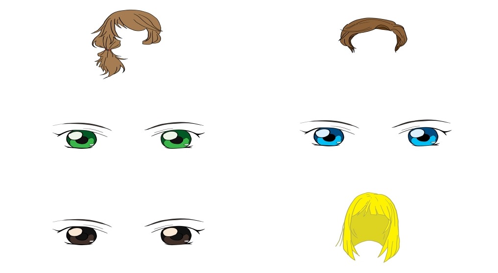 Exemples de couleurs de cheveux (brun, blond) et de couleurs d'yeux (vert, bleu, foncé)